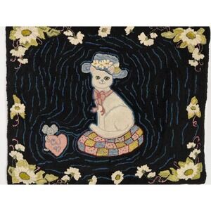 Antique VTG Hooked Rug Wool Cat Kitten In Hat 35x30 Hand Made Black White Floral